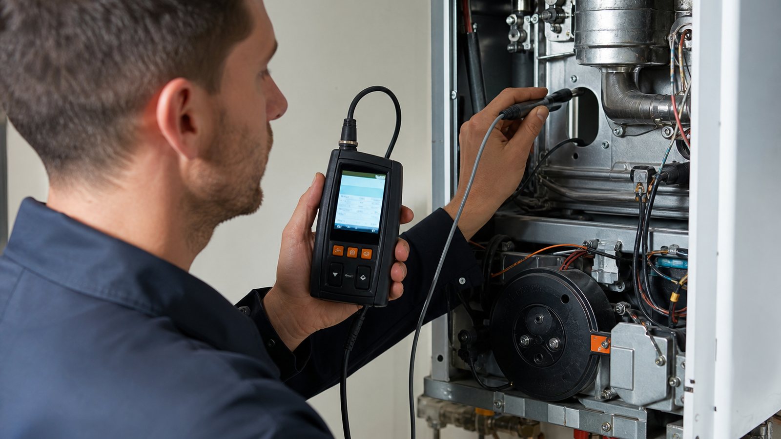Analyseur de combustion tenu par un chauffagiste, sonde introduite dans le conduit de fumées