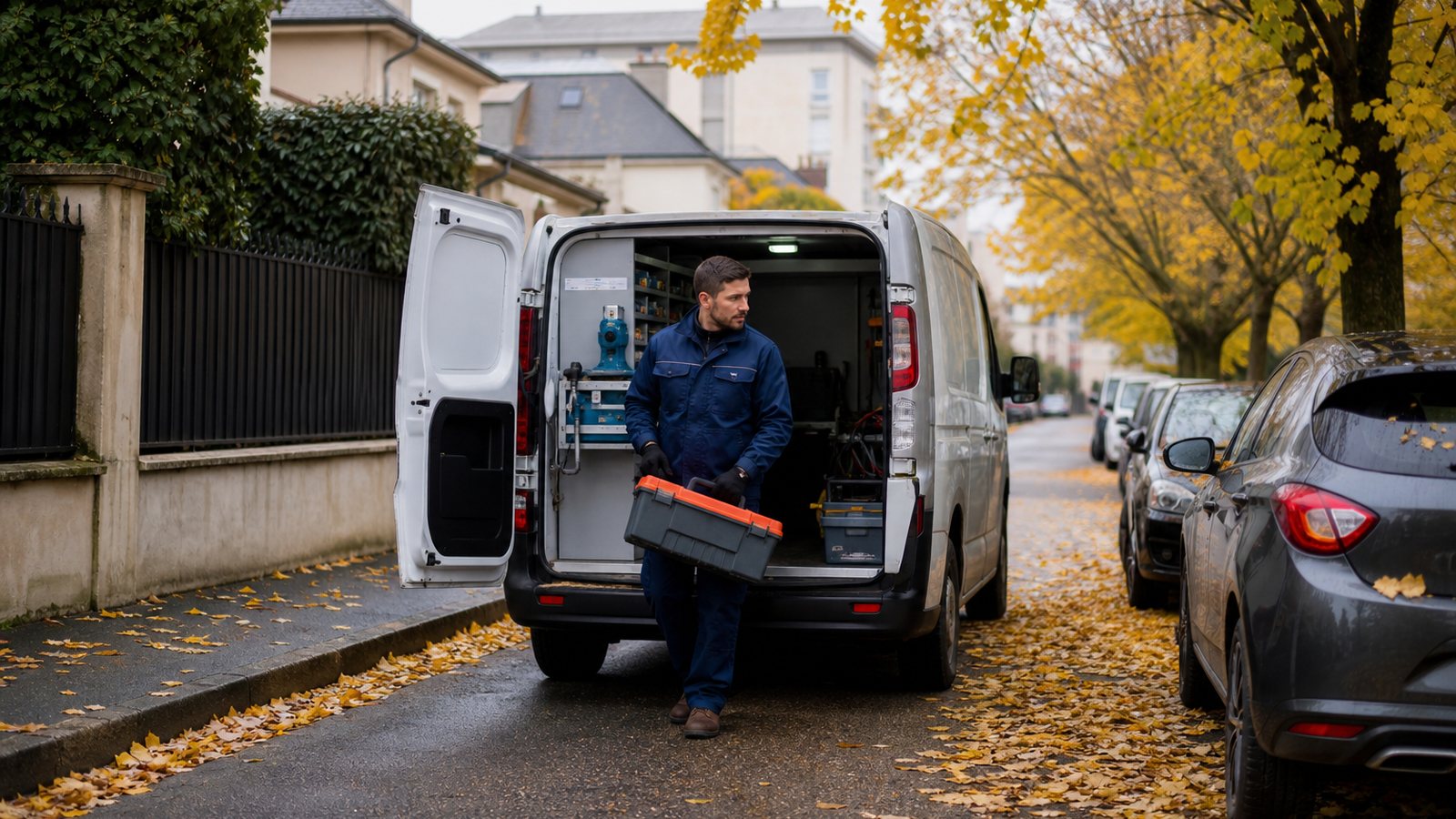 Chauffagiste organisant ses rendez-vous d'entretien par quartier sur une carte, devant son véhicule