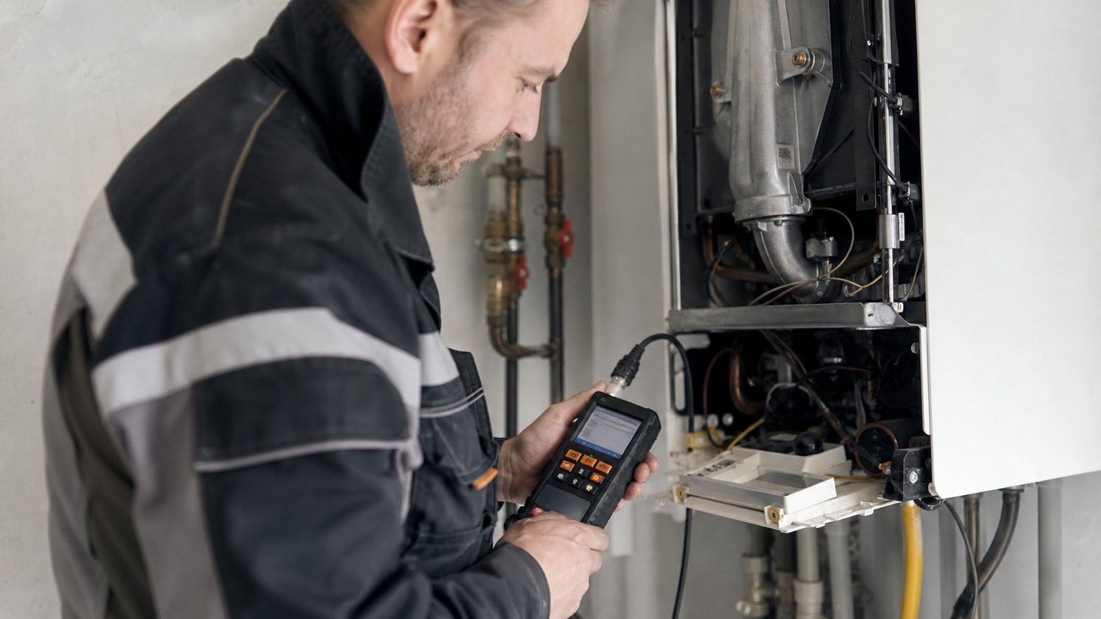 Analyseur de combustion utilisé lors d'un entretien de chaudière